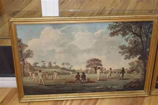 Six oileographs, all reproductions of famous early depictions of cricket, largest 51 x 74cm